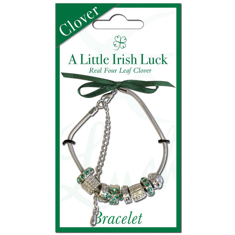 Silver Plated Charm Bracelet With Diamante Clover Charm