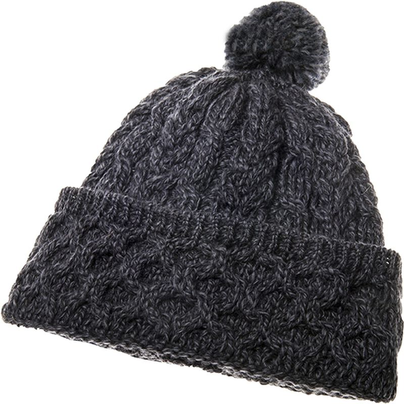 Honeycomb And Cable Knitted Woollen Hat With Pompom In Charcoal