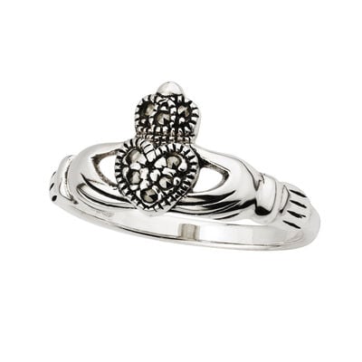 Ladies Claddagh Ring With Marcasite Stones  Hallmarked Sterling Silver