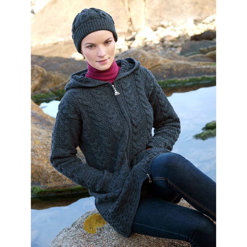 100% Merino Wool Ladies Hooded Coat With Celtic Knot Zipper, Charcoal Colour