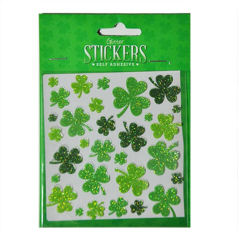 Pack Of Shamrock Stickers In Different Sizes With A Green Glitter Design