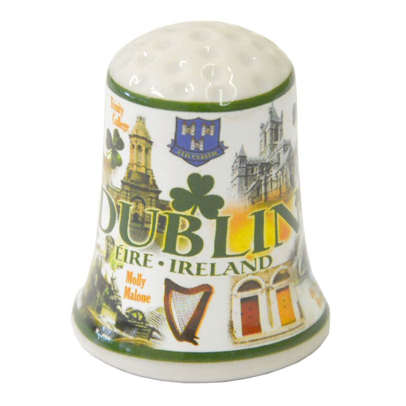 Famous Landmarks Of Dublin Ceramic Thimble With Shamrocks And Green Text