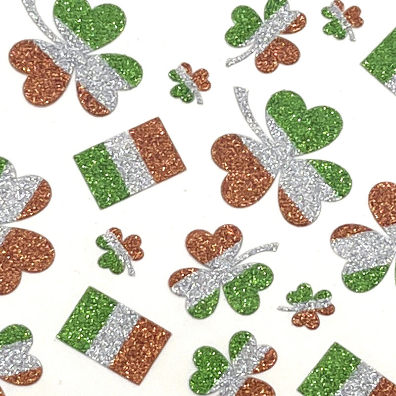 Pack Of 30 Tri-Colour Glitter Shamrock Stickers In Different Sizes