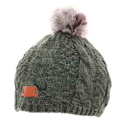 Knit Tammy Hat With Faux Fur Bobble -  Dark Green