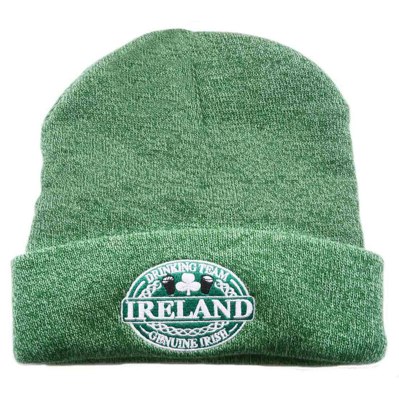 Green Knitted Beanie Turn Up Hat With Ireland Drinking Team Crest Design