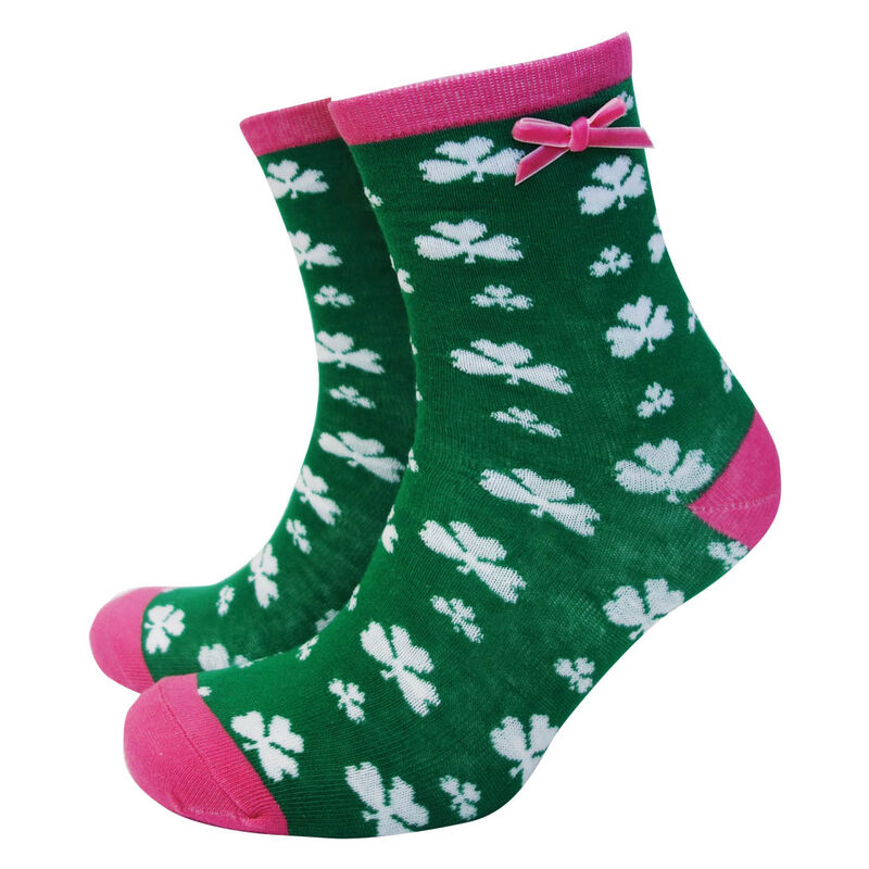 Green and Pink Trim Socks With White Shamrocks and Pink Ribbon