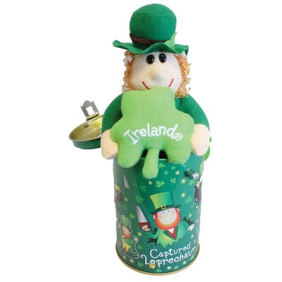 5.5" Captured Leprechaun Soft Toy In Moneybox Tin With Lock and Key