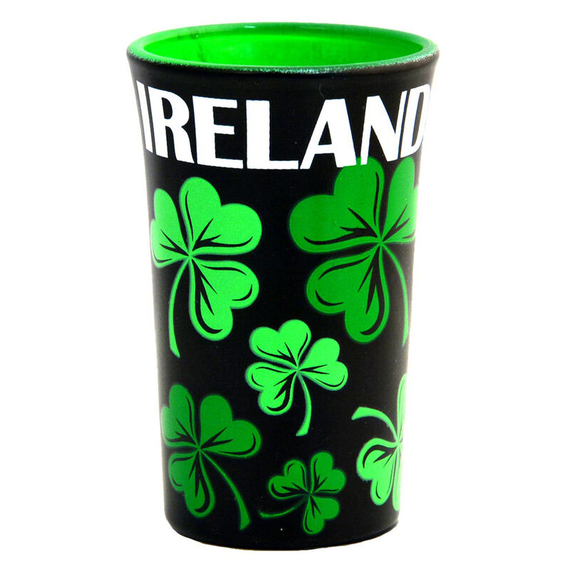 Black Shot Glass With Green Shamrock Design and White Irish Text