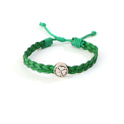 Celtic 4 Strand Leather Bracelet With Shamrock Charm, Green Colour
