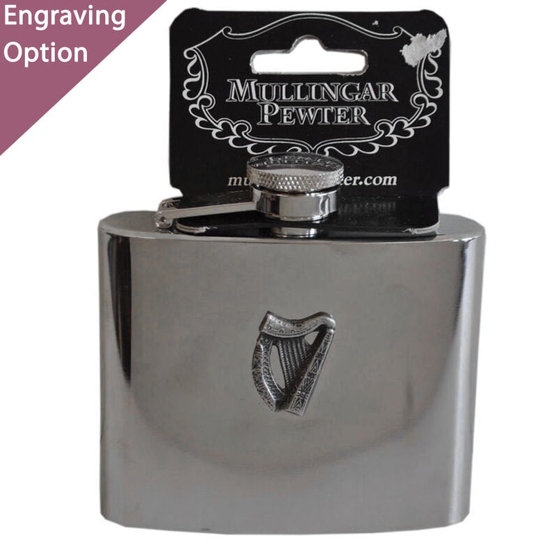 Mullingar Pewter Stainless Steel Hip Flask With Harp