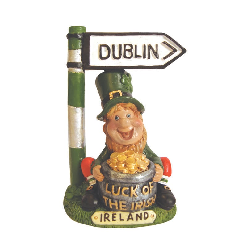 Leprechaun With Pot Of Gold And Dublin Road Sign Ornamental Statue