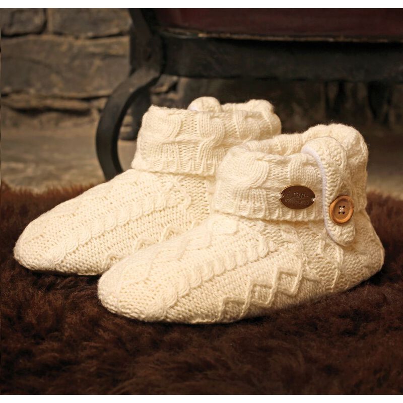 Aran Woollen Mills Kids Knitted Booties With Button  White Colour