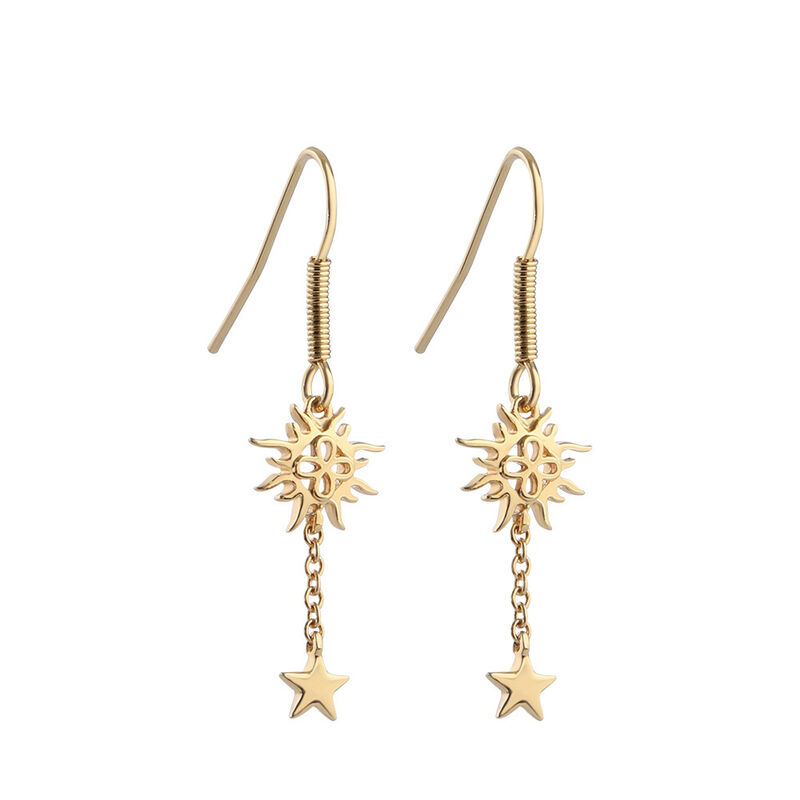 Gold Plated Amy Huberman Newbridge Silverware Drop Earrings with Sun and Stars Design