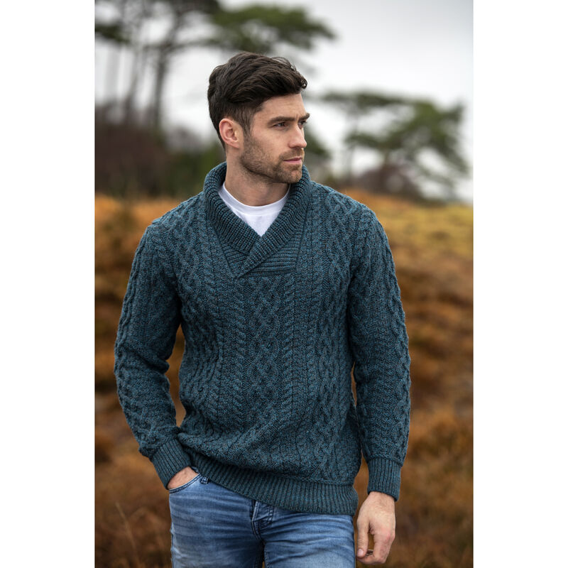 100% Merino Wool Peacock Color Bunratty Shawl Collar Sweater