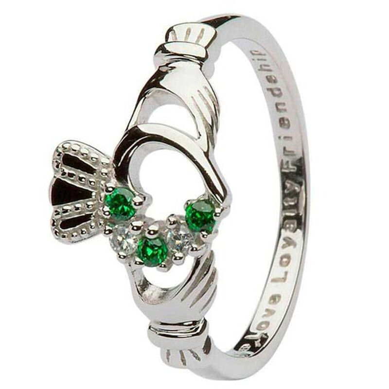 Hallmarked Sterling Silver Claddagh Ring With Green And Clear Zirconia Stone