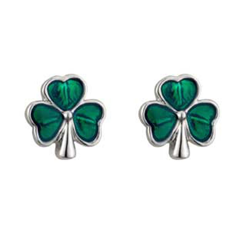 Rhodium Plated Shamrock Stud Earrings With  Green Leaves