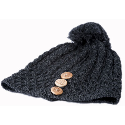 100% Merino Wool Bobble Hat With Three Wooden Buttons Design  Charcoal Colour