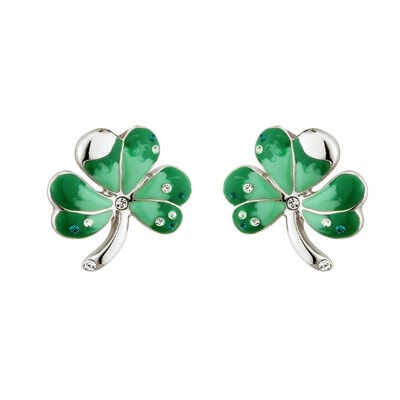 Rhodium Plated Shamrock Stud Earrings With Green Enamel Detail And Crystals