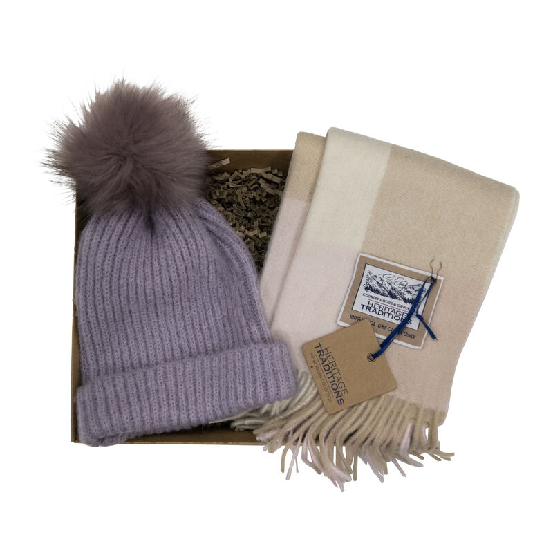 Soft Touch Pom Pom Hat and Wool Scarf Purple