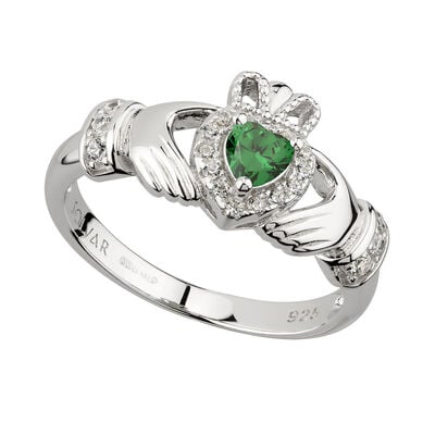 Hallmarked Sterling Silver Green Cubic Zirconia Claddagh Ring
