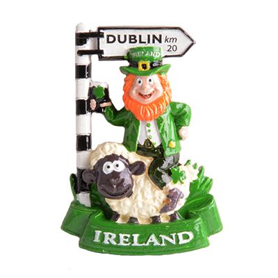 Ireland Magnet with a Leprechaun on a Sheeps Back and Dublin Road Sign