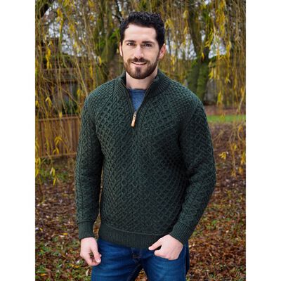 Irish Aran Knit Mens Supersoft Half Zip Sweater  Green Colour
