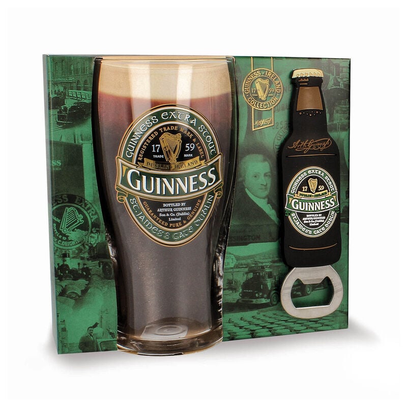 Official Guinness Gift Set With Pint Glass & Bottle Opener - Ireland Label Design