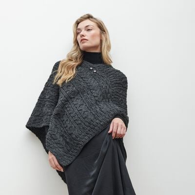 Aran Woollen Mills Charcoal Poncho With Button Detail