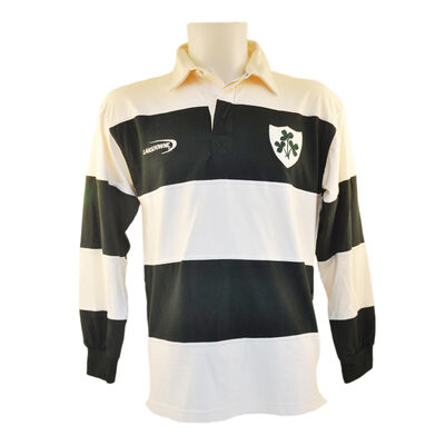 Polo Shirt With Irish Rugby Shamrock Crest  Cream And Green Stripes
