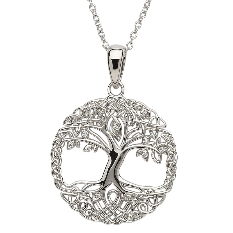 Platinum Plated Tree Of Life Pendant With Clear Swarovski Crystal
