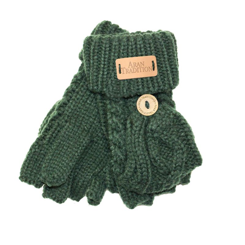 Kids Aran Knitted Cable Pattern Foldover Mittens  Dark Green Colour