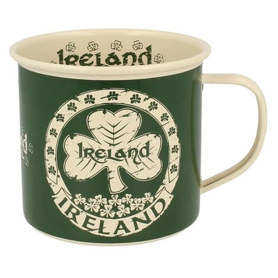 Shamrock Designed Enamel Mug With Ireland Text  Green Colour