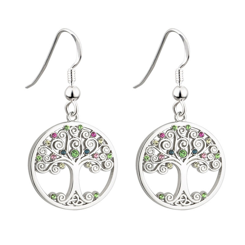 Solvar Rhodium Plated Tree Of Life Earrings Encrusted With Coloured Crystal