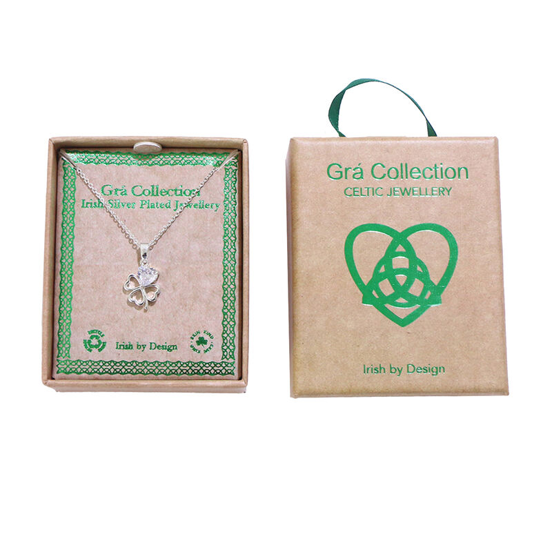 Grá Collection Silver Plated 1 Clear Cubic Zirconia Stones Clover Pendant