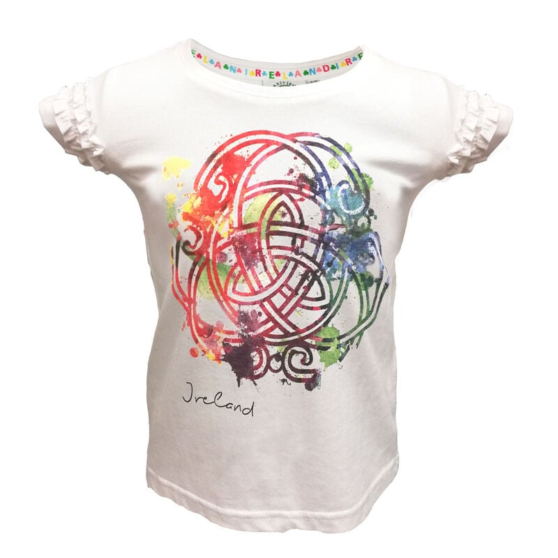 White T-Shirt With Colourful Celtic Knot Design With Frill Sleeves
