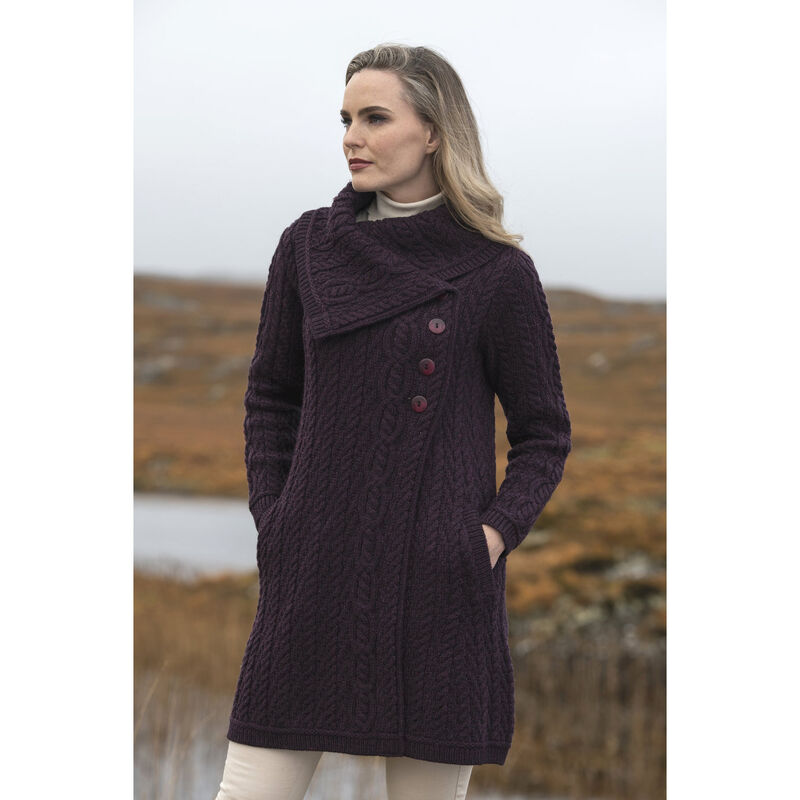 Merino Wool Knitted Damson Cardigan With Cable Stitching    