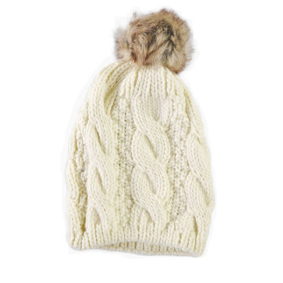 Knit Style Cream Tammy Hat With Faux Fur Bobble