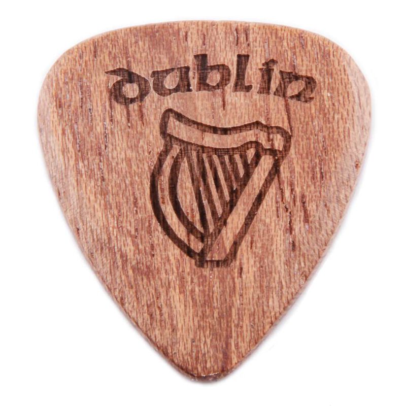 Dark Wooden Guitar Pick with Dublin and Harp Design