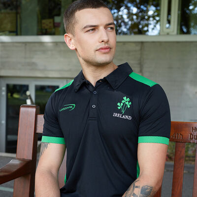 Black Ireland Performace Polo Shirt With Green Underarm and Trim Design