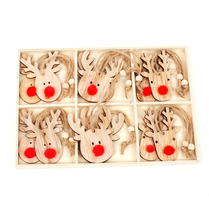 Set of 12 Hanging Wooden Reindeer Decorations