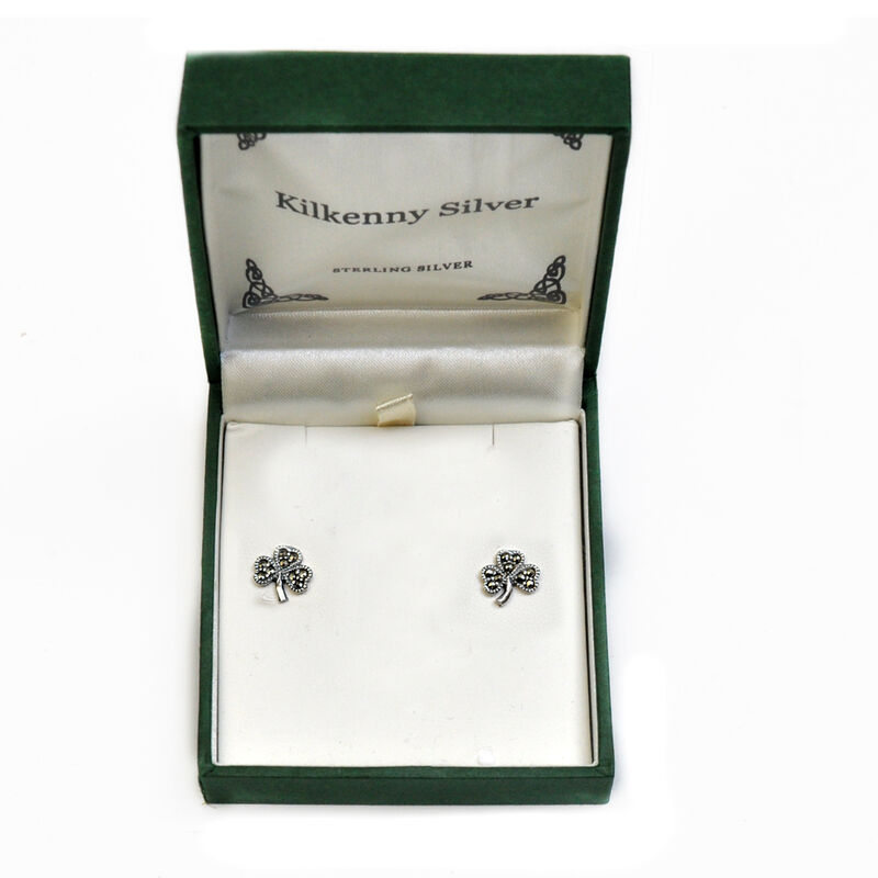 Hallmarked Sterling Silver Shamrock Earrings w/Marcasite Stones Presented In Box