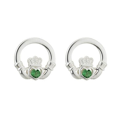 Hallmarked Sterling Silver Green Crystal Claddagh Stud Earrings