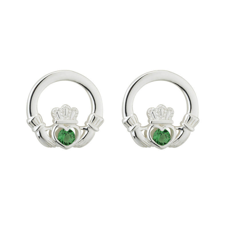 Hallmarked Sterling Silver Green Crystal Claddagh Stud Earrings