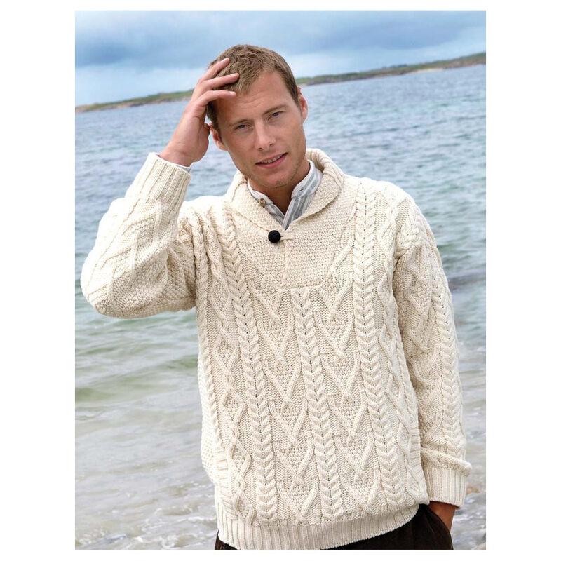 100% Merino Wool Aran Shawl Collar Aran Sweater, Natural Colour