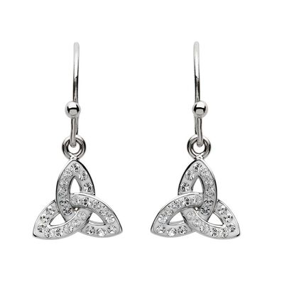 Platinum Plated Trinity Knot Drop Earrings With Clear Swarovski Crystals  Domed
