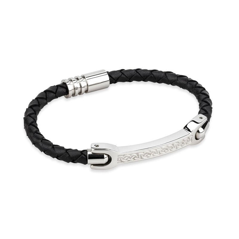Mens Black Thin Leather Bracelet Wristband With Steel Celtic Knot Design