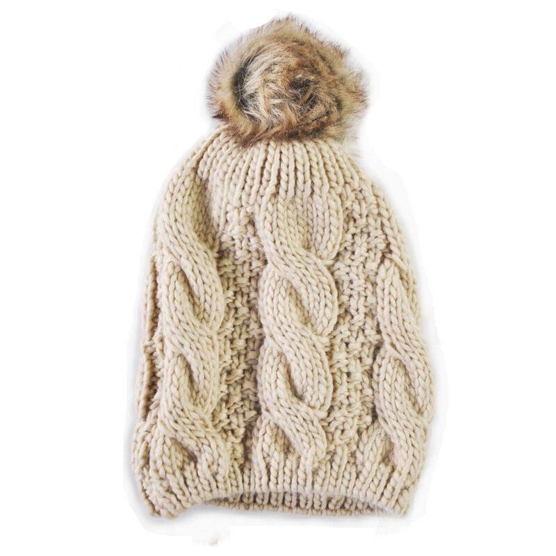 Knit Style Beige Tammy Hat With Faux Fur Bauble