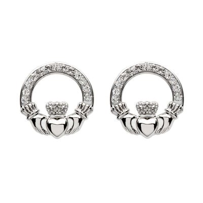 Platinum Plated Claddagh Stud Earrings With Clear Crystals