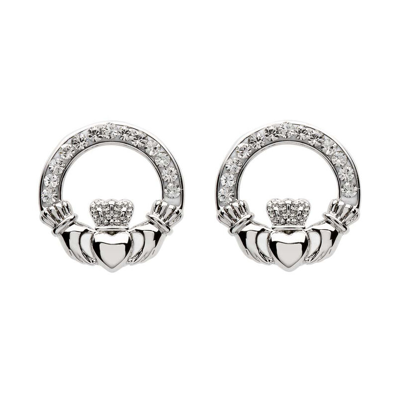 Platinum Plated Claddagh Stud Earrings With Clear Swarovski Crystals