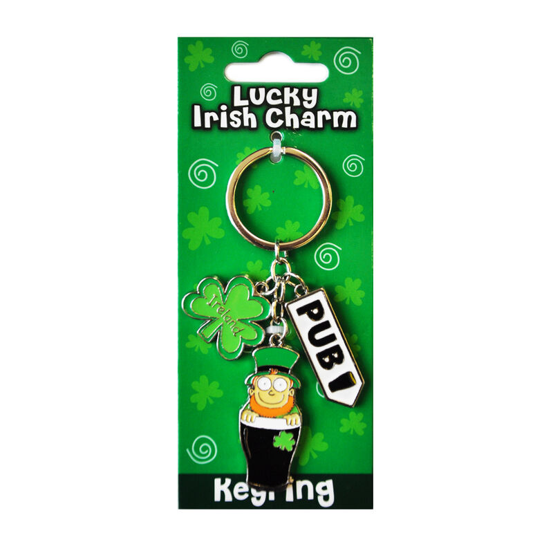 Irish Leprechaun Style Charm Keychain With Pub Sign Charm